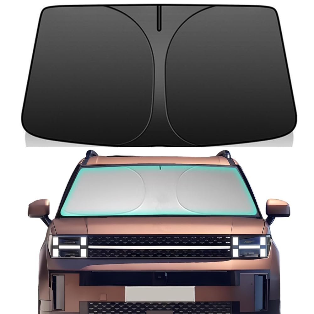 LEIMINMAOYI front view sun shade on Santa Fe windshield showing full coverage and cooling benefit