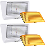 Leisure LED front view showing compact porch light and white base, highlights durability