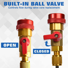 LEONTOOL blue low-pressure coupler detail showing 13mm I.D. for easy low-side coupling benefit