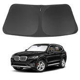 LHFLIVE front view of sun shade showing custom BMW X3 fit and protected windshield