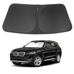 LHFLIVE front view of sun shade showing custom BMW X3 fit and protected windshield