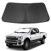 LHFLIVE front view showing precise fit on Ford Super Duty windshield, keeping cabin cool