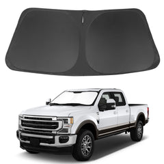 LHFLIVE front view showing precise fit on Ford Super Duty windshield, keeping cabin cool