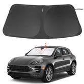 LHFLIVE front view of sun shade in packaging showing exact Macan fit and protection
