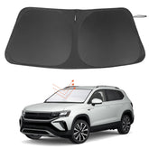 LHFLIVE front view of sun shade perfectly covering Taos windshield, reduces cabin heat