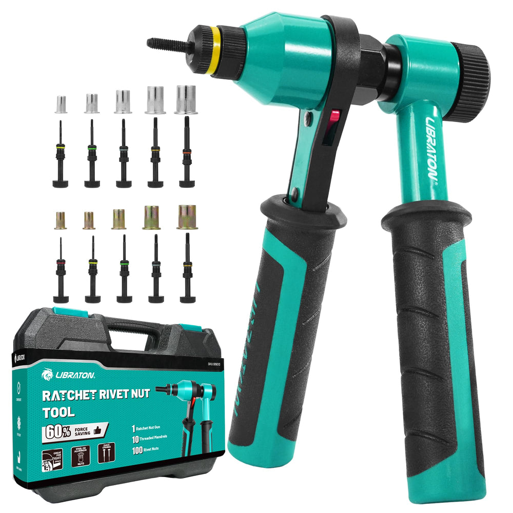 LIBRATON rivet nut tool front view showing complete kit benefits