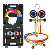 Lichamp front view of 3-way manifold gauge set showing clear dials and sight glass for easy reading