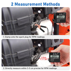 Linkstyle tachometer clipped near chainsaw spark wire for safe RPM testing