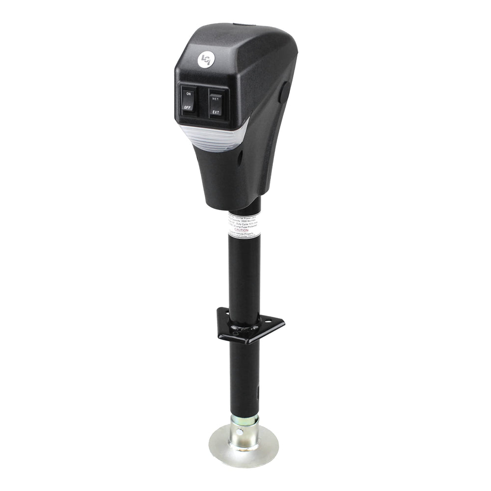 Lippert electric tongue jack front view showing durable build and quick setup benefit