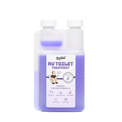 Liquified RV Toilet Treatment front bottle view showing lavender scent and clear labeling benefit: easy tank care