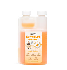 Liquified RV Toilet Treatment bottle front view showing orange scent and benefits