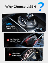 LISEN coiled cable detail highlighting 36‑inch retractable length for tidy console