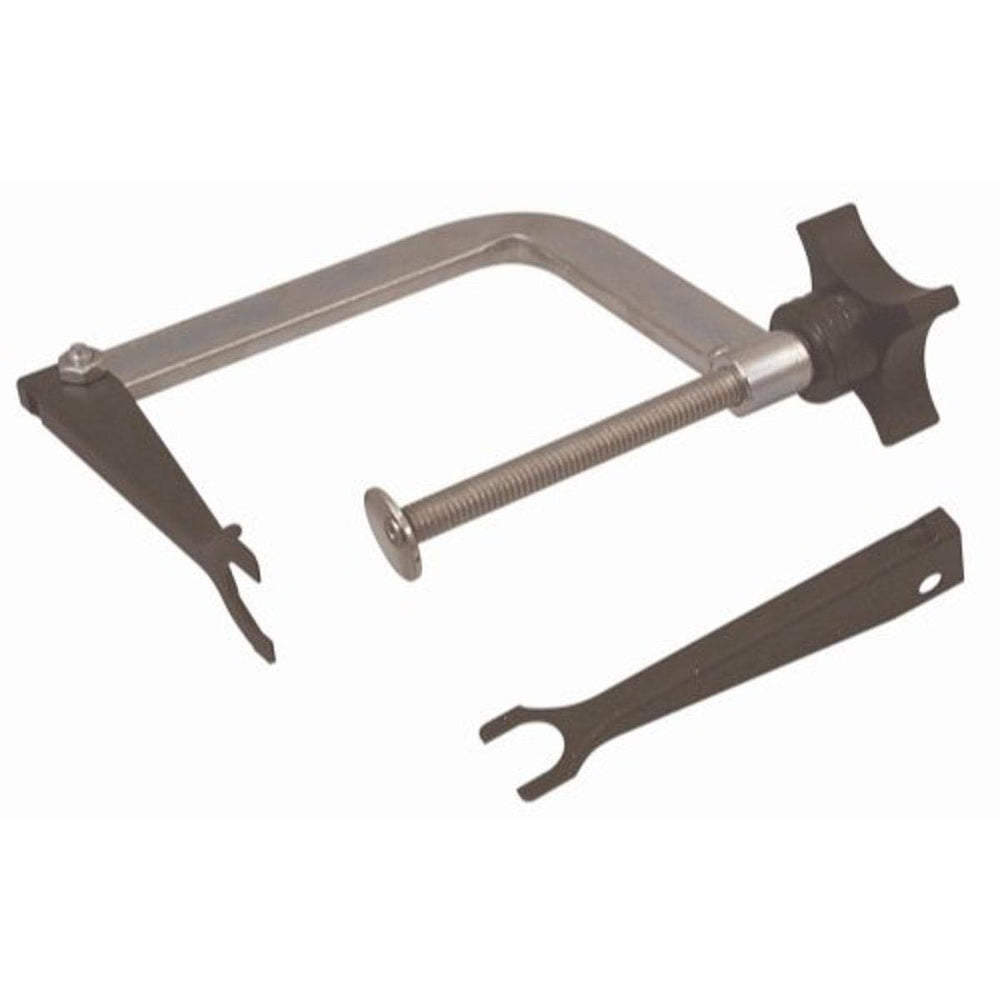 Lisle 23300 compressor front view showing durable frame and clear benefit: stable compression