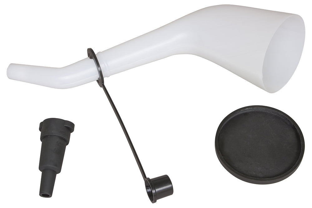 Lisle offset funnel front view showing translucent 10 inch body and spout for easy filling