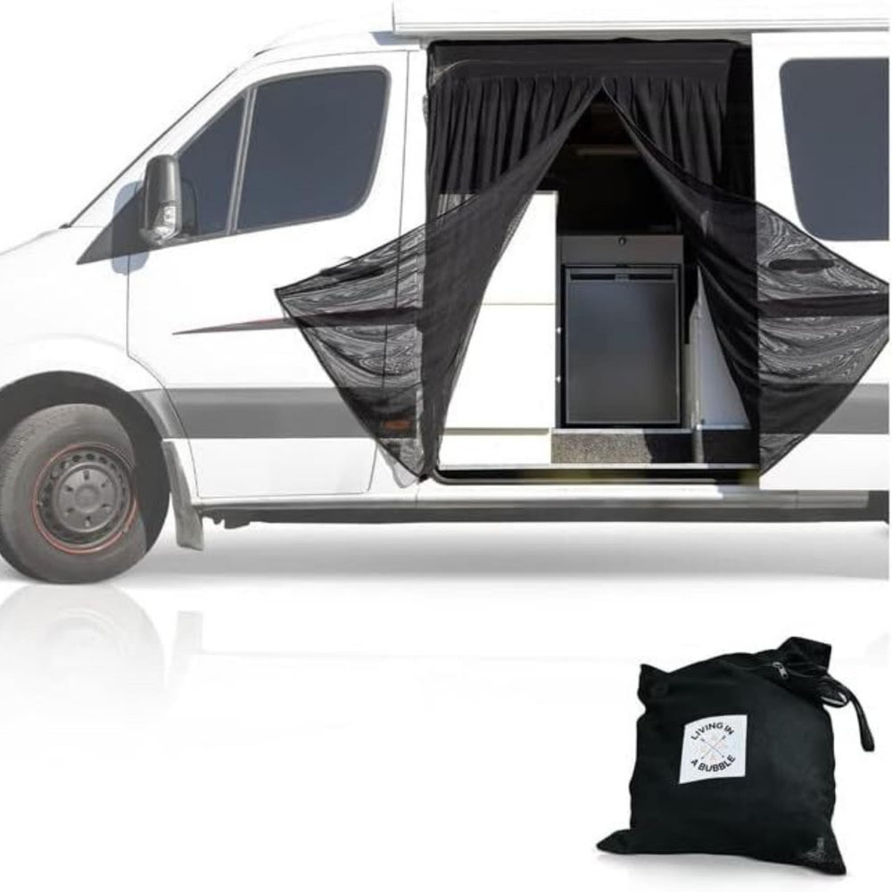 Living in a Bubble front view installed on van side door showing insect protection