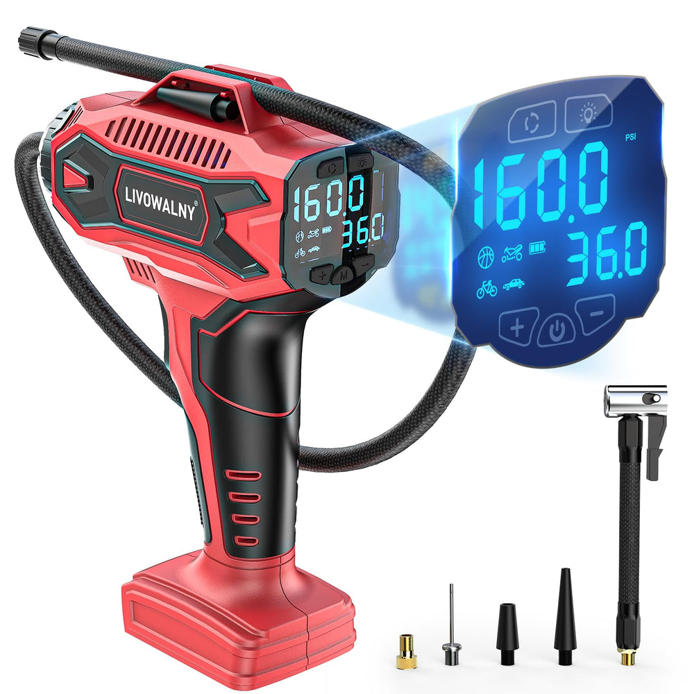 LIVOWALNY front view showing compact portable inflator and controls benefit fast setup