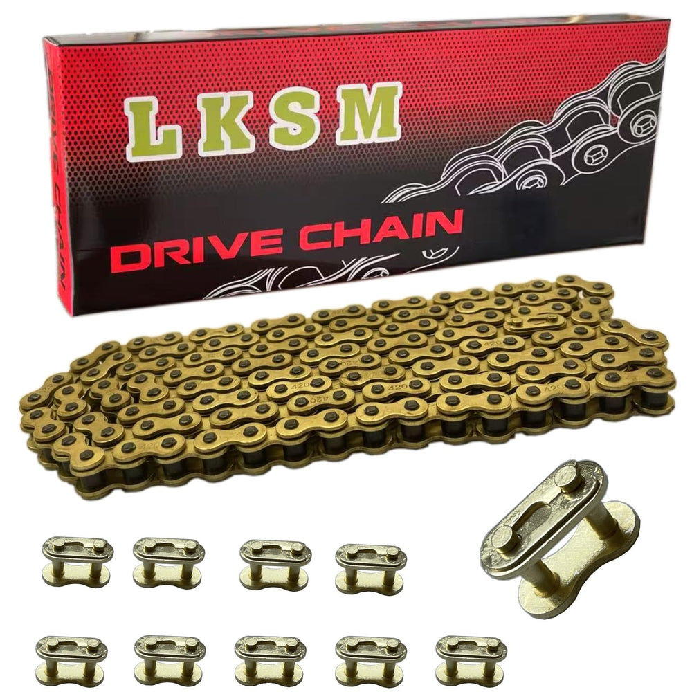 LKSM front view of 420 chain in packaging showing model and length benefit