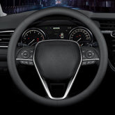LKWLIKEI front view of steering wheel cover showing sleek black finish and fit benefit
