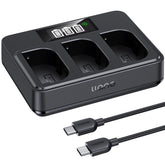 llano front view three-slot charger showing ports and slots, fast multi-battery benefit