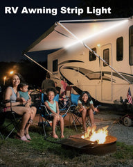 LLTOP mounted under an RV awning at night illustrating bright task lighting benefit