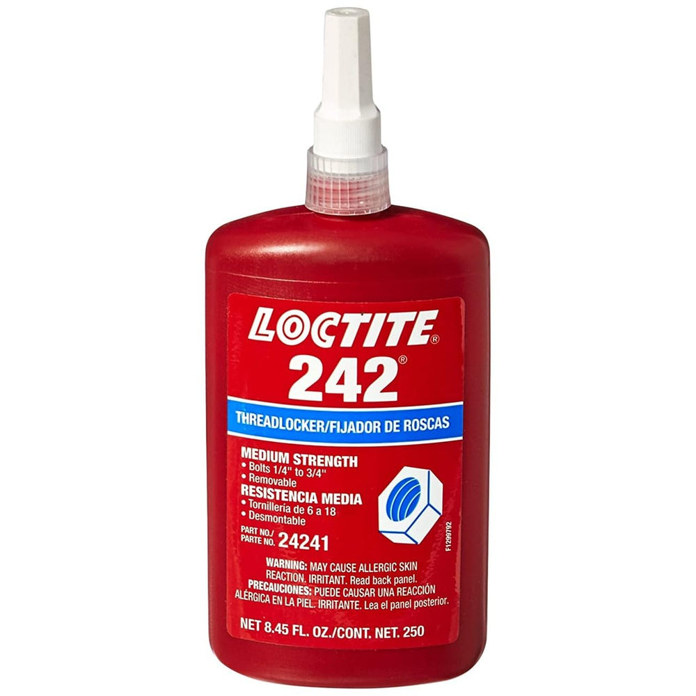 Loctite 242 blue bottle front view showing label and size for reliable fastening