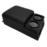 LOOYE console front view showing dual cup holders and sleek black finish for organized cabin