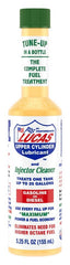 Three Lucas Oil injector cleaner bottles arranged to show stepwise treatment and lubrication benefit