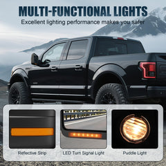 LUCTEND LED turn signal and puddle light illuminated demonstrating increased side visibility