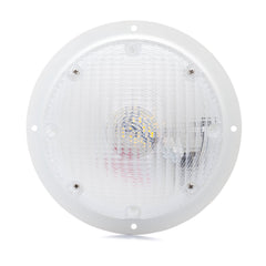Lumitronics front view of round white surface mount light showing clean design and benefit
