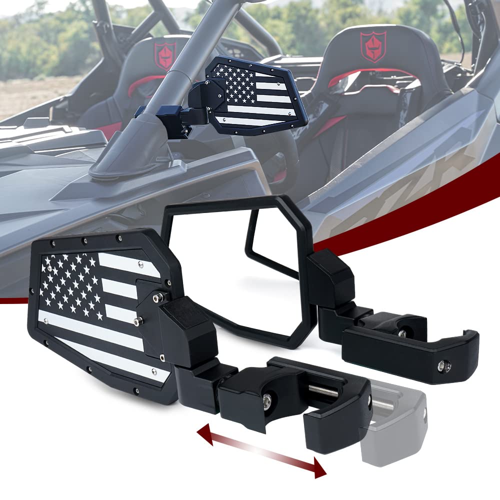 Lupar front view aluminum UTV side mirror showing American flag finish and improved rear visibility