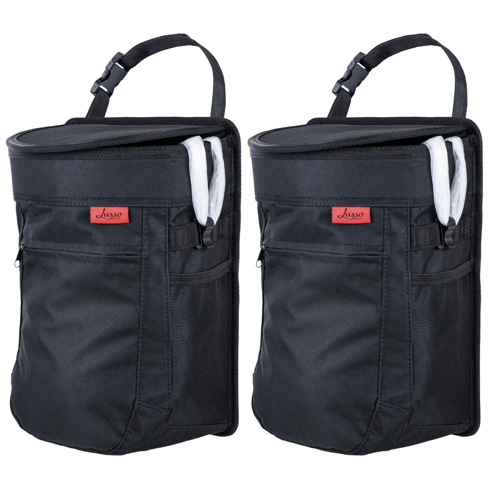 Lusso Gear front view hanging trash can showing compact profile and tidy look