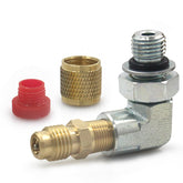LVOUP adapter front view showing compact metal body and 90° elbow benefit access