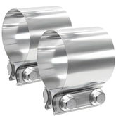 LWNWPPER front view of two 2.5" exhaust clamps showing packaging and bolts, durable fit