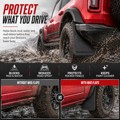 Mabett front mud flap mounted on Bronco, reduces splash and road spray