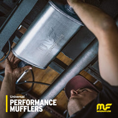 MagnaFlow muffler installed under truck, demonstrates improved sound and clearance