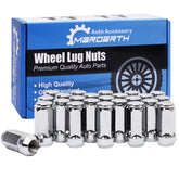 Mardarth chrome acorn lug nuts front pack showing set and finish benefits