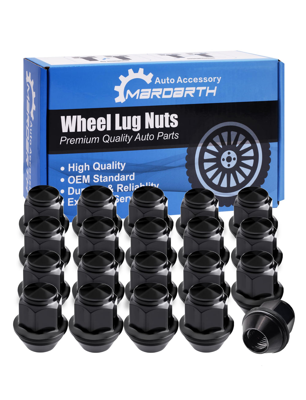 Mardarth front view of 20 lug nuts showing full set and packaging benefit: complete replacement