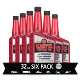 Marvel Mystery Oil front packaging showing six 32 oz bottles and long-term supply