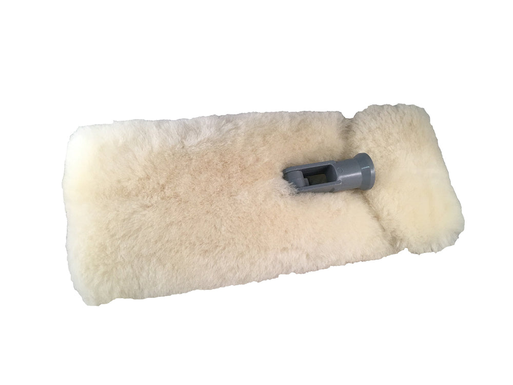 Mary Moppins lambswool pad front showing leather backing and soft pile for gentle cleaning
