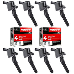 MAS front packaging shows full 8‑coil set and one Motorcraft plug, clear fitment benefit