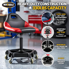 Masgole closeup of padded seat and PVC cover, comfortable foam resists oil and wipes clean