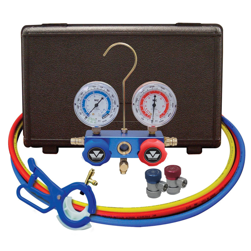 Mastercool 89661-PRO front view showing complete gauge set and portability benefits