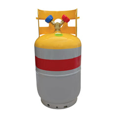 Mastercool front view of cylinder showing connection and DOT stamp, ensures compliant handling
