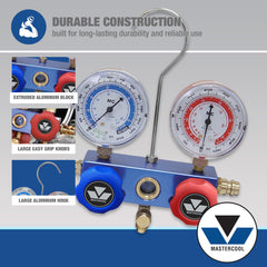 Mastercool gauges face detail showing 2.5 inch recalibratable dials for accurate readings