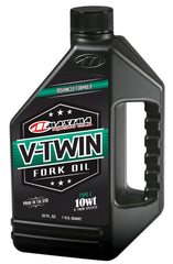 Maxima V-Twin Fork Oil 10wt front bottle view showing label and benefit of consistent damping
