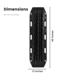 Maxtrax MKII Black in use under tire illustrating fast vehicle recovery on sand