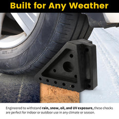 MAXXHAUL chock in use under RV wheel providing stable parking safety