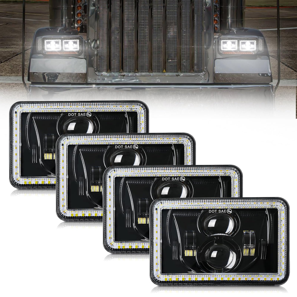 MAYELLO front view of 4x6 headlight pack showing bright lenses and fitment benefit