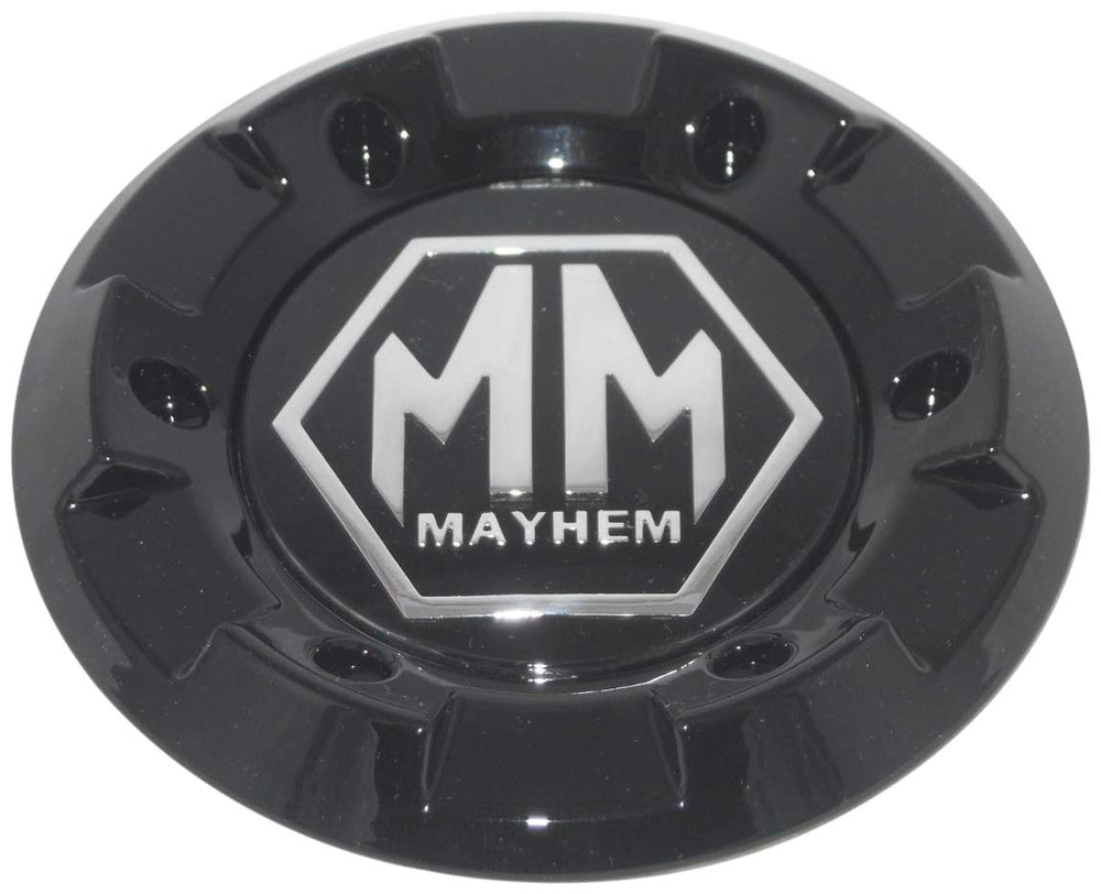 Mayhem center cap front view showing glossy black finish and clean appearance