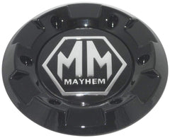 Mayhem center cap front view showing glossy black finish and clean appearance